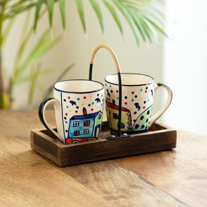 Image 1 of Default Title for the product ExclusiveLane The Hut Ceramic Tea & Coffee Mugs with Wooden Tray Set of 2 270 ml