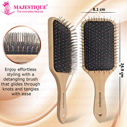 Image 2 of Majestique Wood Hair Brush - Eco Friendly Paddle Hairbrush, Bamboo Brush with Pin Bristles