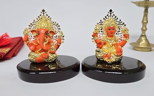Image 1 of Default Title for the product Gold Art India Laxmi Ganesh Gold Plated Orange Terracotta Idol (3.3" Inch)