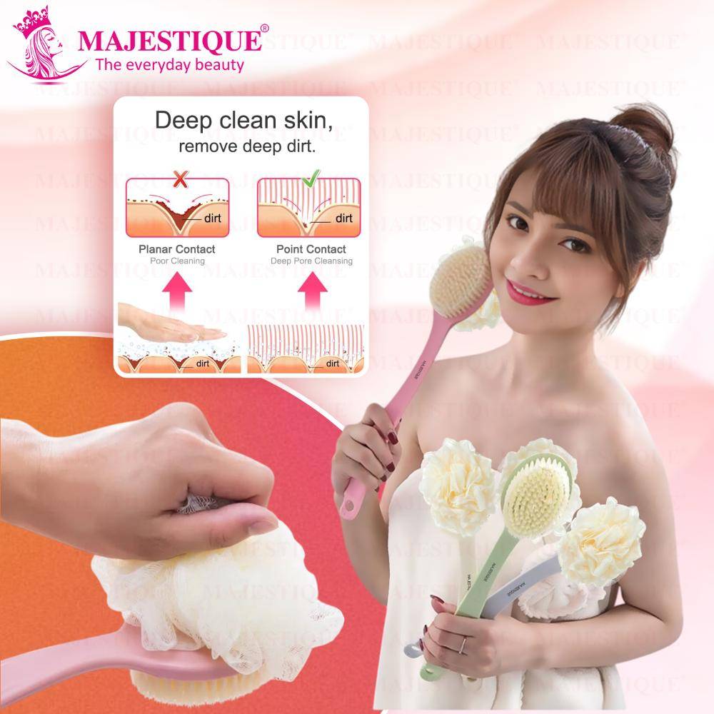 Image 6 of Majestique Bath Body Brush & Loofah, Dual-Sided Back Scrubber, Long Handle - 1Pc/Multicolour