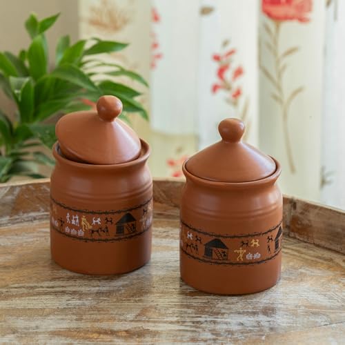 Image 1 of Default Title for the product ExclusiveLane Warli Village Tales Handcrafted Ceramic Pickle Jar Set of 2, 500 ML