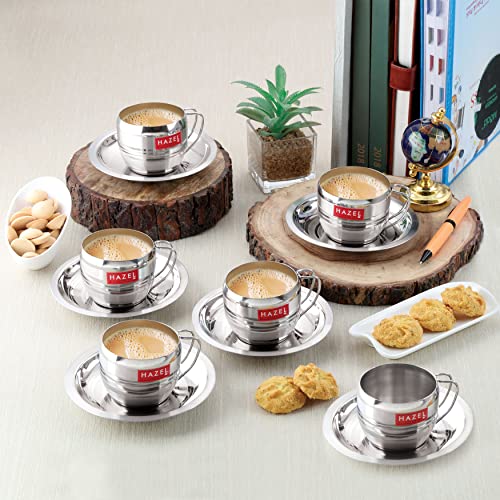 Image 4 of HAZEL Stainless Steel Cup & Saucer Set of 6 | 170 ml Unbreakable Tea/Coffee Cups & Saucers | Stainless Steel Mugs & Saucer Set