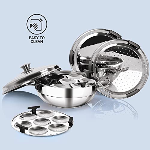 Image 5 of MILTON Pro cook Induction Cookware & Gas Stove Friendly Stainless Steel Idli Cooker 6 Plates | 2 Regular Idli Plates | 1 Mini Idli Plate | 1 Steamer Plate | 2 Dhokla Plates | Multi Kadai Idali Maker