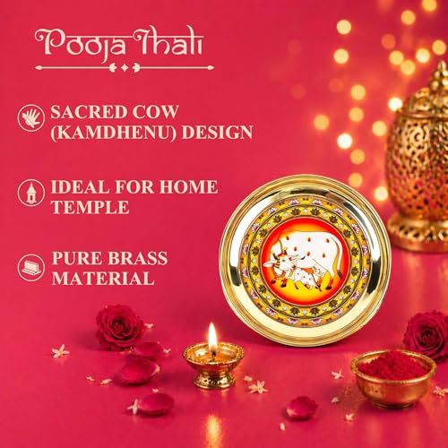 Image 6 of Klassic 6 Inch Handcrafted Brass Thali/Aarti Plate | Cow Design, Medium(Pack Of 1, Golden)