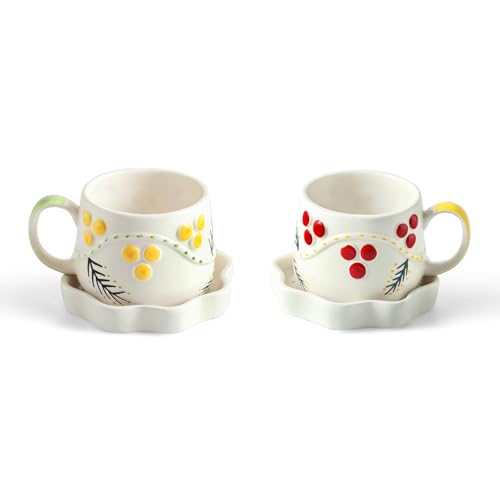 Image 2 of ExclusiveLane Sunbeam Bloom Hand-Painted Ceramic Tea Cup with Saucer Set of 2