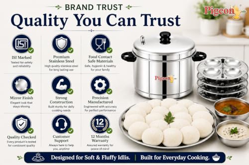Image 6 of Pigeon Favourite ISI Marked Stainless Steel Idli Maker with Whistle | 4 Plates | 16 Idlis | Induction & Gas Stove Compatible | Use on LowâMedium Flame