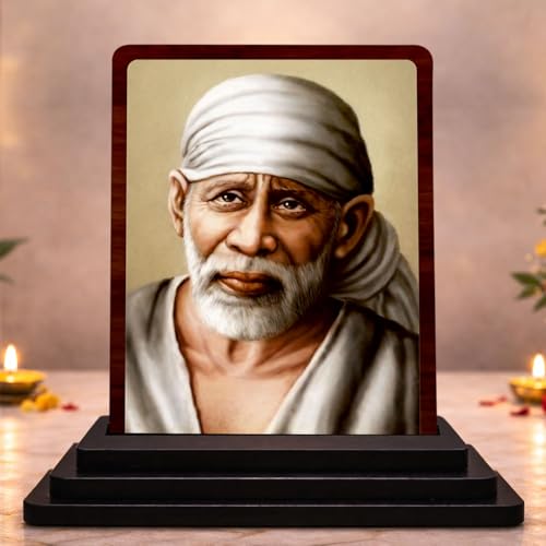Image 1 of Default Title for the product Sai Baba Wooden Idol for Pooja Room 4x5 Inch HD Printed Golden Glow Decor