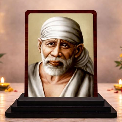 Image 1 of Default Title for the product Sai Baba Wooden Idol for Pooja Room 4x5 Inch HD Printed Golden Glow Decor