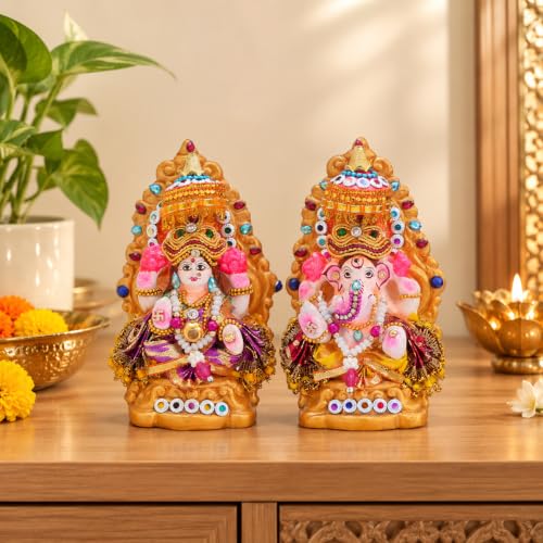 Image 6 of TIED RIBBONS Lord Laxmi Ganesh Pair Murti Mitti Terracotta Clay Idol Statue Showpiece (12.7 Cm X 7.6 Cm)