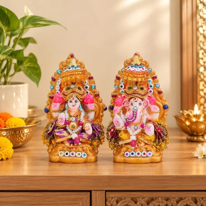 Image 6 of TIED RIBBONS Lord Laxmi Ganesh Pair Murti Mitti Terracotta Clay Idol Statue Showpiece (12.7 Cm X 7.6 Cm)
