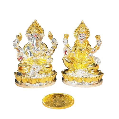 Image 3 of Gold Art India Kamal Laxmi Ganesh Gold Silver Plated Two Tone Idol for Home Decor with Gold Plated Coin Laxmi Ganesh Idol for Diwali Pooja Laxmi Ganesh Murti for Gift, Laxmi Ganesh Idol Set, (3" Inch)