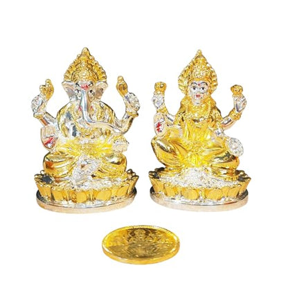 Image 3 of Gold Art India Kamal Laxmi Ganesh Gold Silver Plated Two Tone Idol for Home Decor with Gold Plated Coin Laxmi Ganesh Idol for Diwali Pooja Laxmi Ganesh Murti for Gift, Laxmi Ganesh Idol Set, (3" Inch)