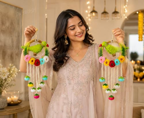 Image 4 of Divyakosh Handmade Parrot Hanging for Home Decor Set of 2 | Indian Festive Door Wall Hanging with Pearl Tassels & Floral Design| Latkan for Diwali, Wedding, Housewarming, Living Room & Balcony
