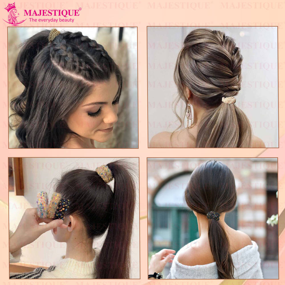 Image 5 of Majestique Multi Designs Cotton Stretchable Hair Rubber Band Ponytail Holder - 11Pcs