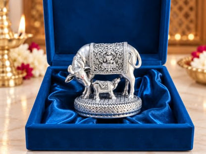 Image 5 of Gold Art India Ganesha Idol for Car Dashboard & Kamdhenu Idol for Vastu Decor (Silver-Matte, Oval)
