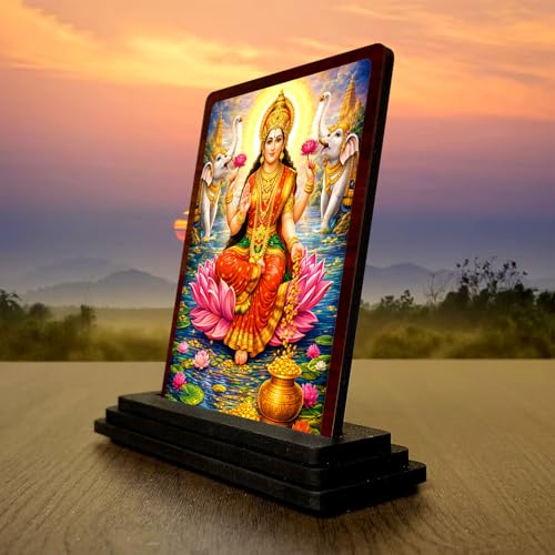 Image 3 of HD Printed Maa Lakshmi Wooden Idol 4x5 Inch Traditional Pooja Spiritual Showpiece