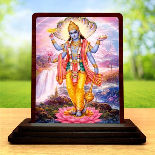 Image 2 of Spiritual Art Lord Vishnu Wooden Table Idol 4x5 Inch HD Printed Decorative Piece