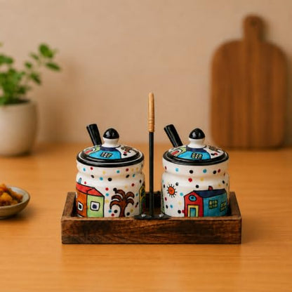 Image 2 of ExclusiveLane Hut Handpainted Ceramic Pickle Jars with Spoon & Wooden Holder Set of 2, 280 ml