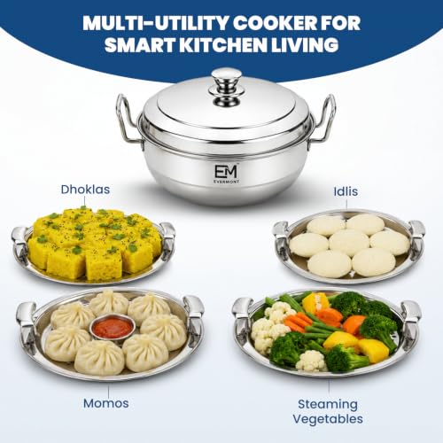 Image 6 of EVERMONT Stainless Steel Idli maker Induction Bas Idli Cooker/Momo Maker/Multi Kadai/Steamer Set|Large Plates 2 Idli|2 Dhokla|1 Steamer|28cm - 4 Ltr, 3.0Kg | 3-Layer Thick Bottom | Gas & Induction Friendly