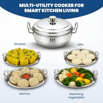Image 6 of EVERMONT Stainless Steel Idli maker Induction Bas Idli Cooker/Momo Maker/Multi Kadai/Steamer Set|Large Plates 2 Idli|2 Dhokla|1 Steamer|28cm - 4 Ltr, 3.0Kg | 3-Layer Thick Bottom | Gas & Induction Friendly