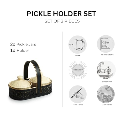 Image 5 of ExclusiveLane Warli Village Tales Ceramic Pickle Jars Set of 2 with Iron Holder 160 ml