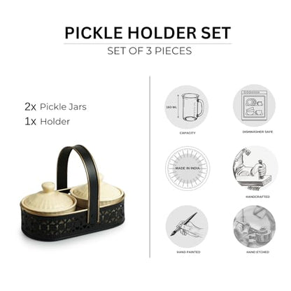 Image 5 of ExclusiveLane Warli Village Tales Ceramic Pickle Jars Set of 2 with Iron Holder 160 ml