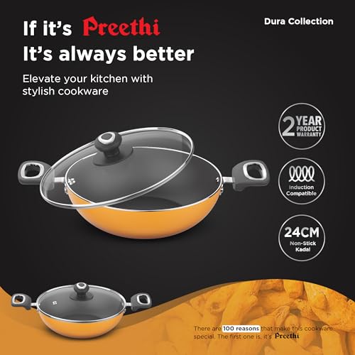 Image 2 of Preethi Dura Collection Non Stick Kadai, 24 cm, with Glass Lid, Gas & Induction Compatible, 5 Star Non Stick Effect, Turmeric Yellow
