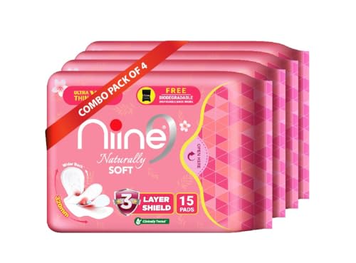 Image 3 of 60 Count (Pack of 4) for the product Niine Naturally Soft Ultra Thin XL+ Sanitary Napkins for Heavy Flow (Pack of 2) 30 Pads with Free Biodegradable Disposal Bags