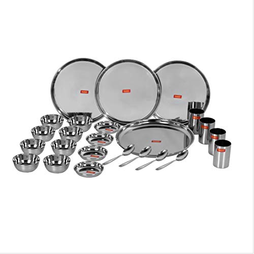 Image 1 of Default Title for the product Sumeet Stainless Steel Solid Heavy Gauge Mirror Finish Dinner Set Of 24 Pcs (4 Plate, 4 Small/Halwa Plate, 8 Bowl/Wati, 4 Glass, 4 Spoon)