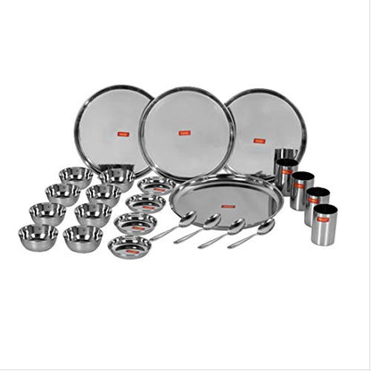 Image 1 of Default Title for the product Sumeet Stainless Steel Solid Heavy Gauge Mirror Finish Dinner Set Of 24 Pcs (4 Plate, 4 Small/Halwa Plate, 8 Bowl/Wati, 4 Glass, 4 Spoon)