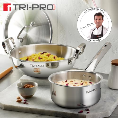 Image 3 of BERGNER TriPro Triply Stainless Steel 3 Pcs Cookware Set - 24cm (3L) Indian Wok/Kadai with Lid and 16cm (1.7L) Teapan