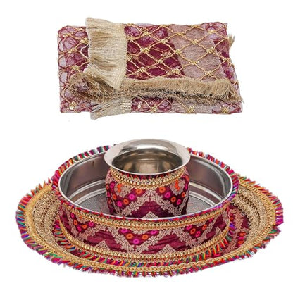 Image 4 of eCraftIndia Brown and Golden Decorative Handcrafted Stainless Steel Karwa Chauth Pooja Thali Set with Plate, Chalni, Lota & Chunri