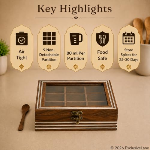 Image 4 of ExclusiveLane Sheesham Wooden Spice Box for Kitchen with Spoon (9 Non-Detachable Compartments, Each Compartments : 80 gram)