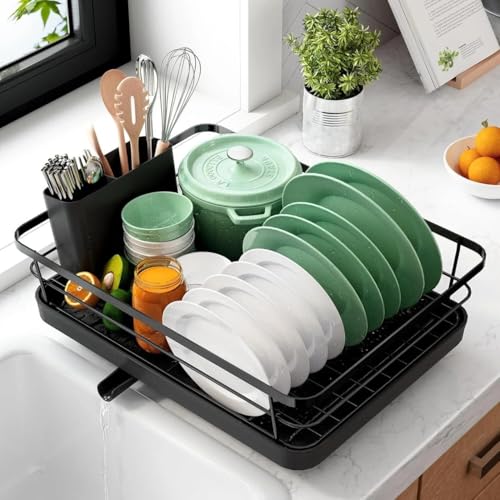 Image 1 of Default Title for the product HomeWiz Plastic Dish Drying Rack with Spoon Holder, Built-in Drain Outlet, Heavy Duty Bartan Stand, 43×32×13 cm, Black