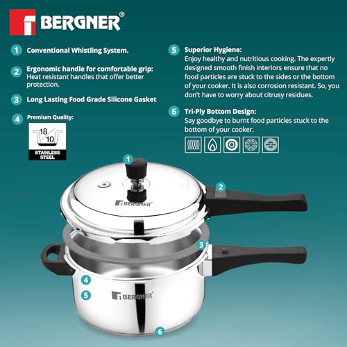 Image 7 of BERGNER Sorrento Stainless Steel Outer Lid Pressure Cooker Combo - 5 Liters Cooker, 2 Litres and 3 Litres Cooker with a Common Lid