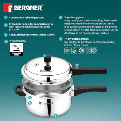 Image 7 of BERGNER Sorrento Stainless Steel Outer Lid Pressure Cooker Combo - 5 Liters Cooker, 2 Litres and 3 Litres Cooker with a Common Lid