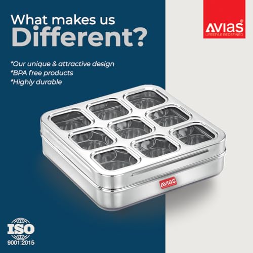 Image 7 of AVIAS 9-in-1 Stainless Steel Masala/Spice Box, Design Large