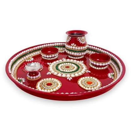 Image 1 of Default Title for the product Royal Indian Art Kundan Decor Stainless Steel Pooja Thali Set, 12 Inches