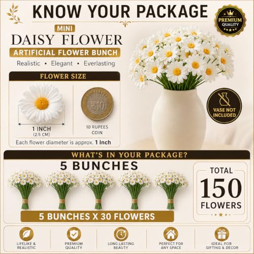 Image 4 of Divyakosh Artificial Daisy Flowers Bunch for Home Decor, Pack of 5 with 150 White Flowers, Faux Floral Arrangement for Vase, Living Room, Wedding, Festive & Party Decoration