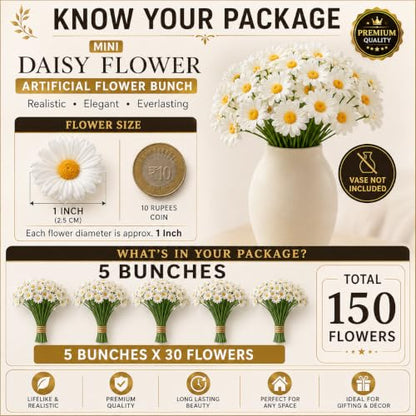 Image 4 of Divyakosh Artificial Daisy Flowers Bunch for Home Decor, Pack of 5 with 150 White Flowers, Faux Floral Arrangement for Vase, Living Room, Wedding, Festive & Party Decoration