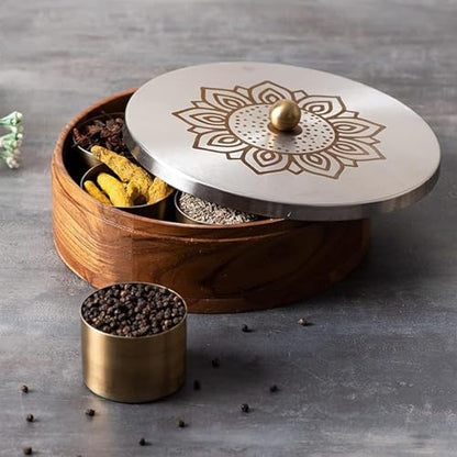 Image 4 of Lazer Silver for the product nestroots Wooden Masala Box with Stainless Steel Jars
