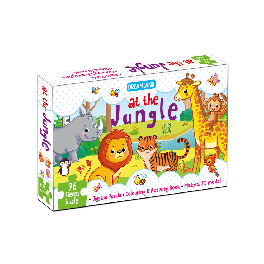 Image 1 of Default Title for the product Dreamland Publications At the Jungle Jigsaw Puzzle for Kids – 96 Pcs | With Colouring & Activity Book and 3D Model