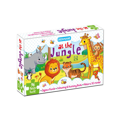 Image 1 of Default Title for the product Dreamland Publications At the Jungle Jigsaw Puzzle for Kids – 96 Pcs | With Colouring & Activity Book and 3D Model