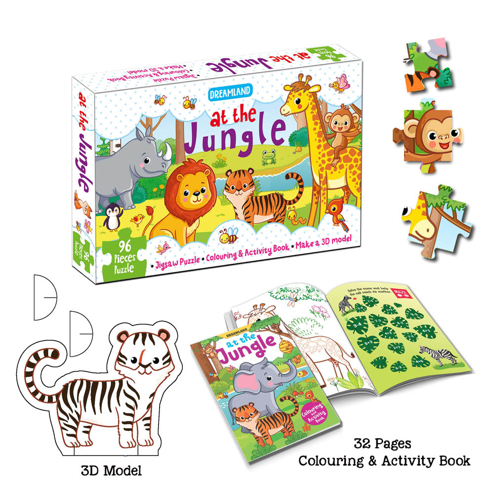 Image 4 of Dreamland Publications At the Jungle Jigsaw Puzzle for Kids – 96 Pcs | With Colouring & Activity Book and 3D Model