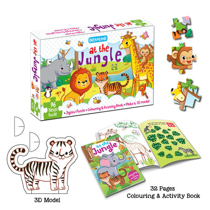 Image 4 of Dreamland Publications At the Jungle Jigsaw Puzzle for Kids – 96 Pcs | With Colouring & Activity Book and 3D Model