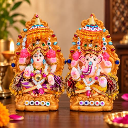 Image 1 of Default Title for the product TIED RIBBONS Lord Laxmi Ganesh Pair Murti Mitti Terracotta Clay Idol Statue Showpiece (12.7 Cm X 7.6 Cm)
