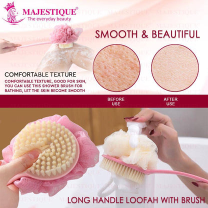 Image 4 of Majestique Bath Body Brush & Loofah, Dual-Sided Back Scrubber, Long Handle - 1Pc/Multicolour