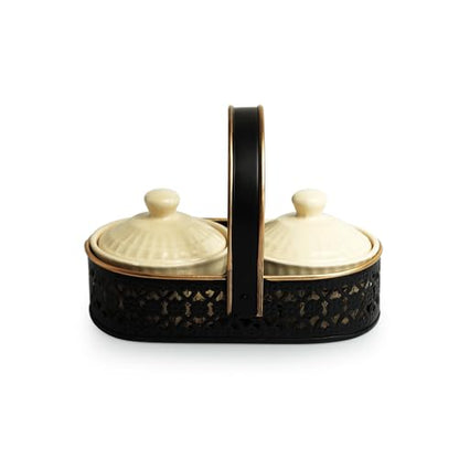 Image 2 of ExclusiveLane Warli Village Tales Ceramic Pickle Jars Set of 2 with Iron Holder 160 ml