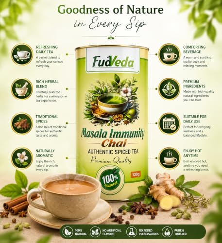Image 4 of FudVeda Premium Natural Loose Leaf Tea | Authentic Tea Blend | Rich Aroma & Smooth Taste | Hygienically Packed | Daily Refreshment (Masala Immunity Chai, Pack of 2)