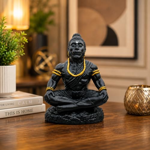 Image 4 of Hanuman Ji Car Dashboard Idol | Bahubali Hanuman ji Home Temple, Office Desk & Living Room Decor | Premium Black Meditation Pose Showpiece (Black)